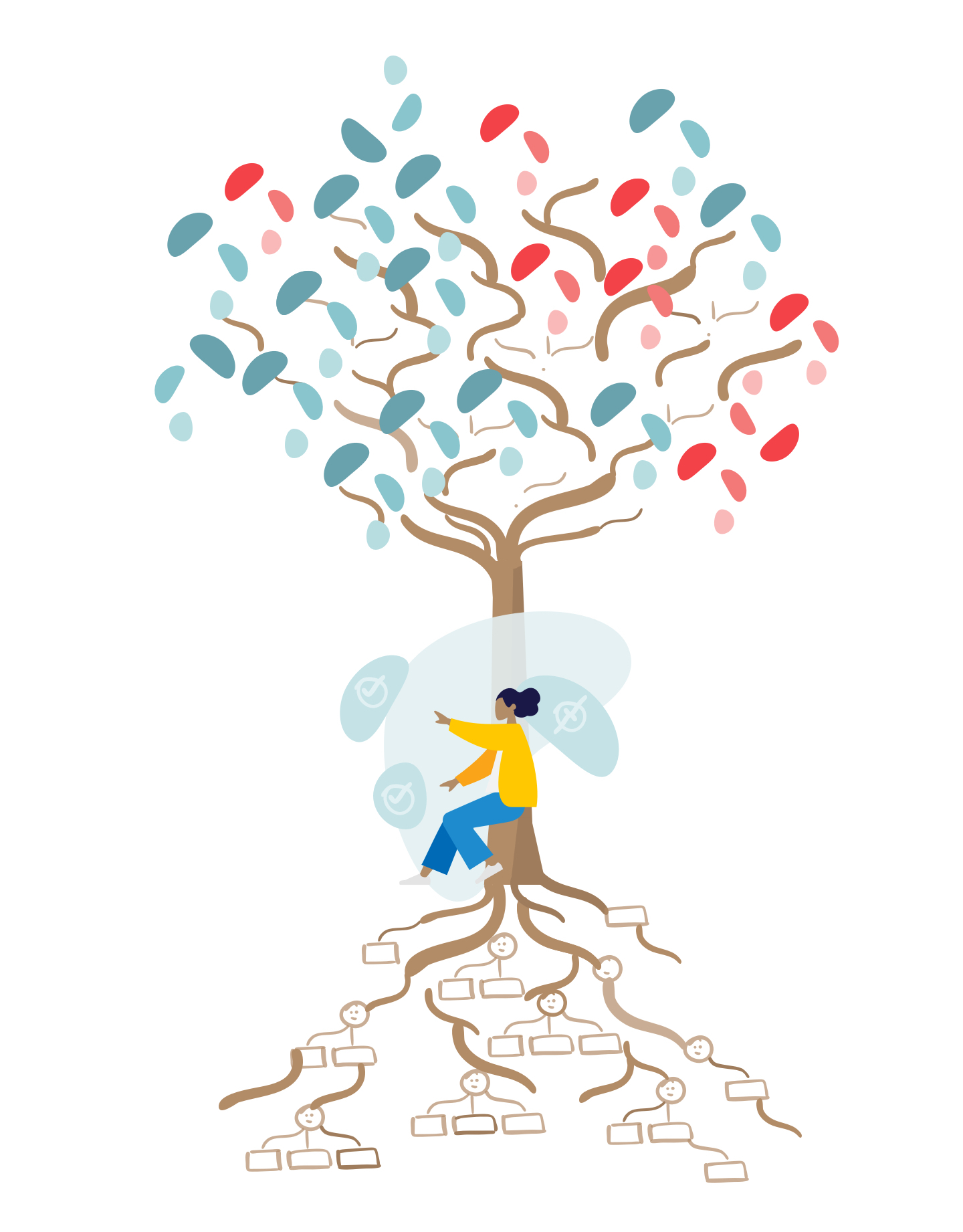 Johanna-Baum Illustration von einer Frau die an einem Baum mit grünen und roten Blättern