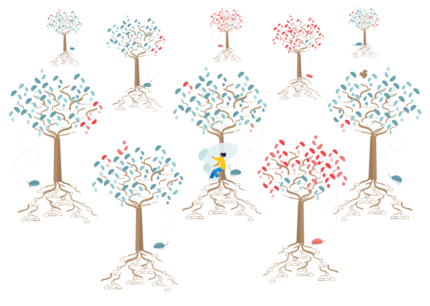 Zehn illustrierte Bäume mit grünen und roten Bäumen.