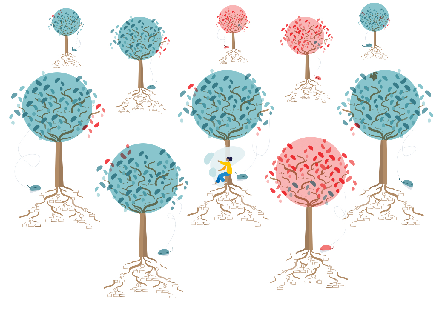 Zehn illustrierte Bäume mit roten oder grünen Baumkronen